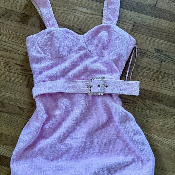 $545 Rebecca Vallance Barbie Garance pearl belt Tweed Mini Dress Pink au 10 us 6 - Picture 4 of 7